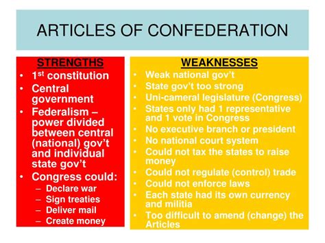 They included no taxing power, the inability to require states to pay taxes, inflation, and jealousy among states. . Articles of confederation strengths and weaknesses